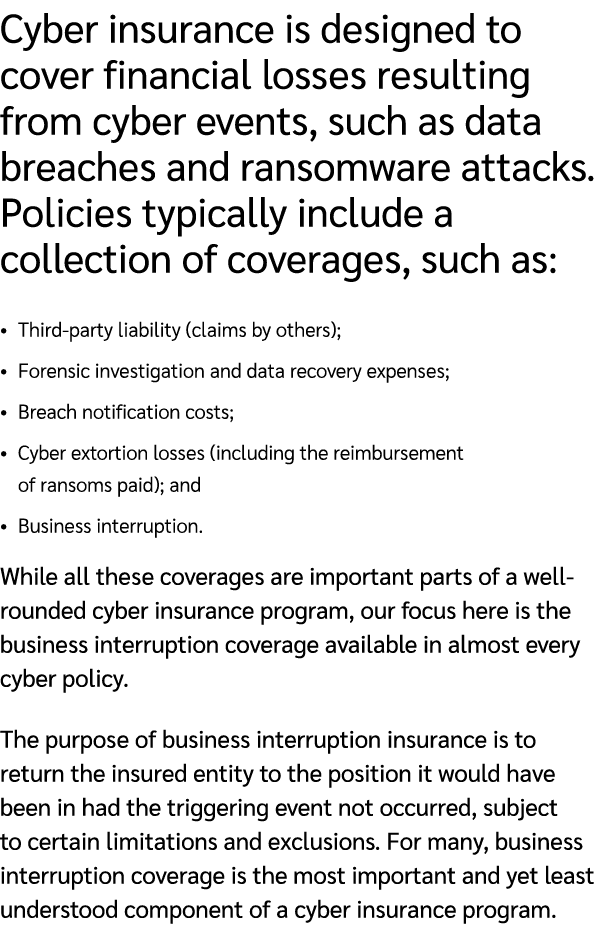 Cyber insurance is designed to cover financial losses resulting from cyber events, such as data breaches and ransomwa...