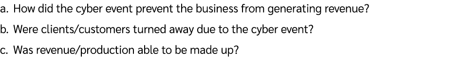 a. How did the cyber event prevent the business from generating revenue? b. Were clients/customers turned away due to...