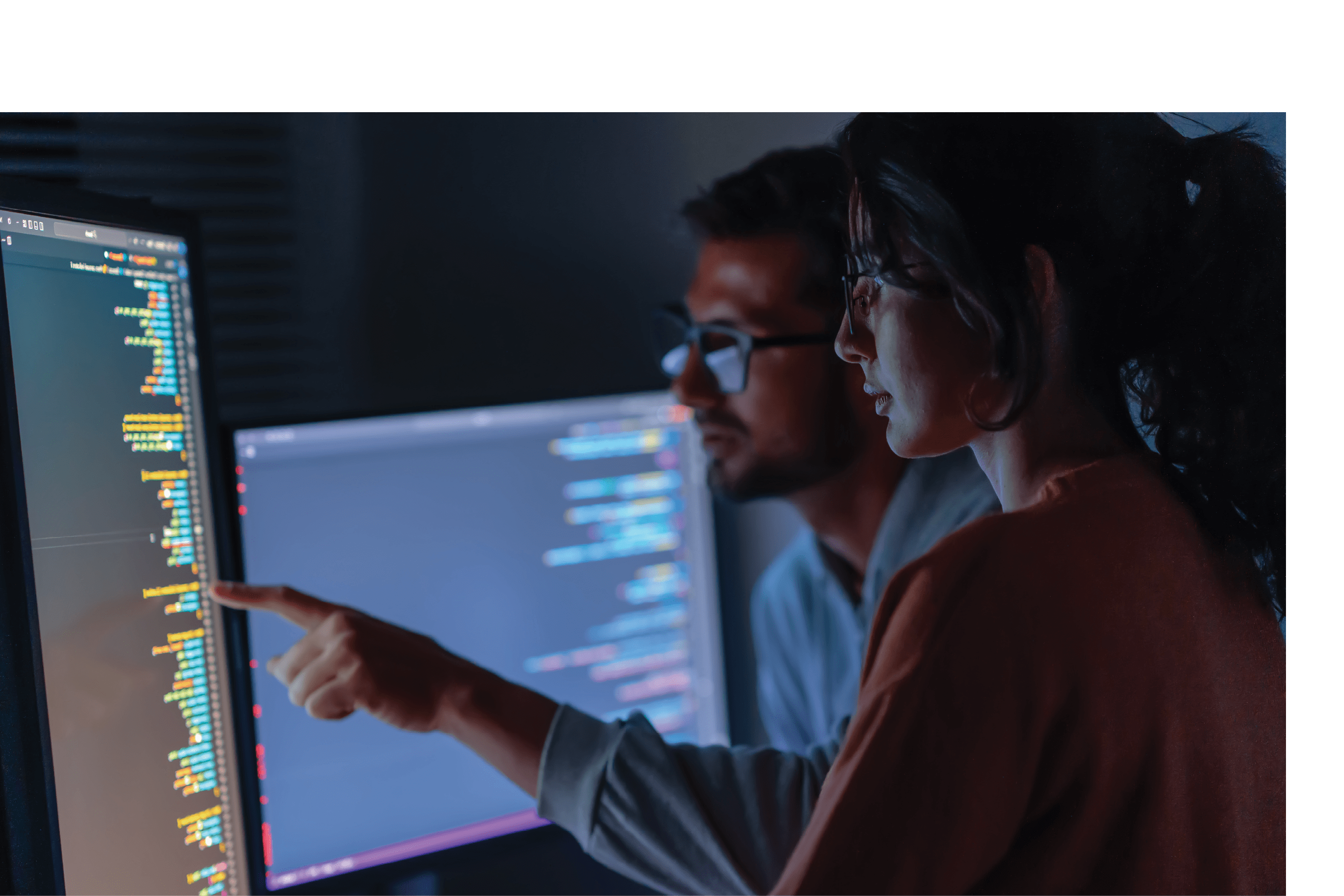 Computer, Female programmer and male training for coding, cyber security or software on computer. Female IT specialist, male coder or talking to connect internet, information update and cloud computing . coding development concept.